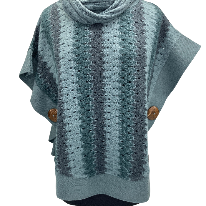 Sweater with vertical stripes of grey, light and dark bluish green.Coconut buttons adorn either side at waist.
