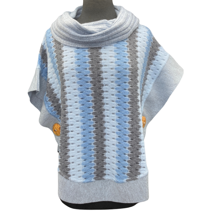 Sweater with vertical stripes of grey, Light and lighter blue.Coconut buttons adorn either side at waist.