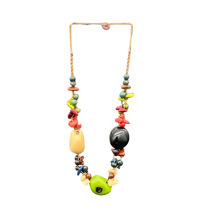 Non-adjustable necklace. Length 12"-13". The Killari necklace features 3 whole tagua nuts surrounded by small chunky pieces of tagua in complimentary colors