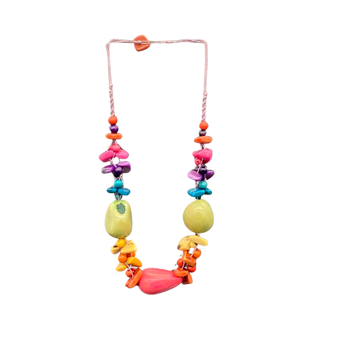 Non-adjustable necklace. Length 12"-13". The Killari necklace features 3 whole tagua nuts surrounded by small chunky pieces of tagua in complimentary colors