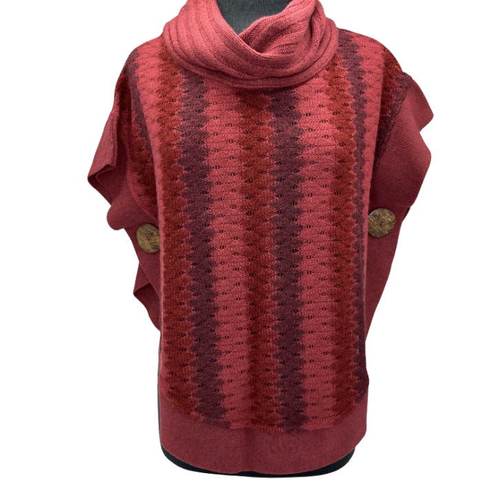 Sweater with vertical stripes of grey, light and dark burgundy.Coconut buttons adorn either side at waist.