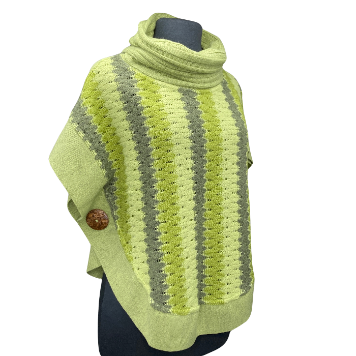 Sweater with vertical stripes of grey, light and dark lime green.Coconut buttons adorn either side at waist.