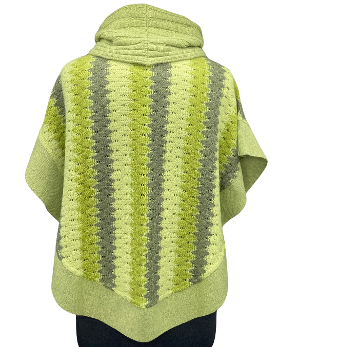 Sweater with vertical stripes of grey, light and dark lime green.Coconut buttons adorn either side at waist.
