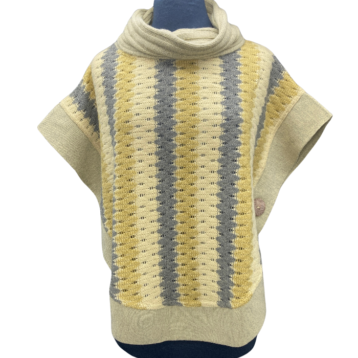 Sweater with vertical stripes of grey, light and dark mustard yellow.Coconut buttons adorn either side at waist.