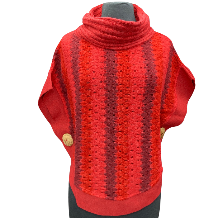 Sweater with vertical stripes of grey, light and dark red.Coconut buttons adorn either side at waist.