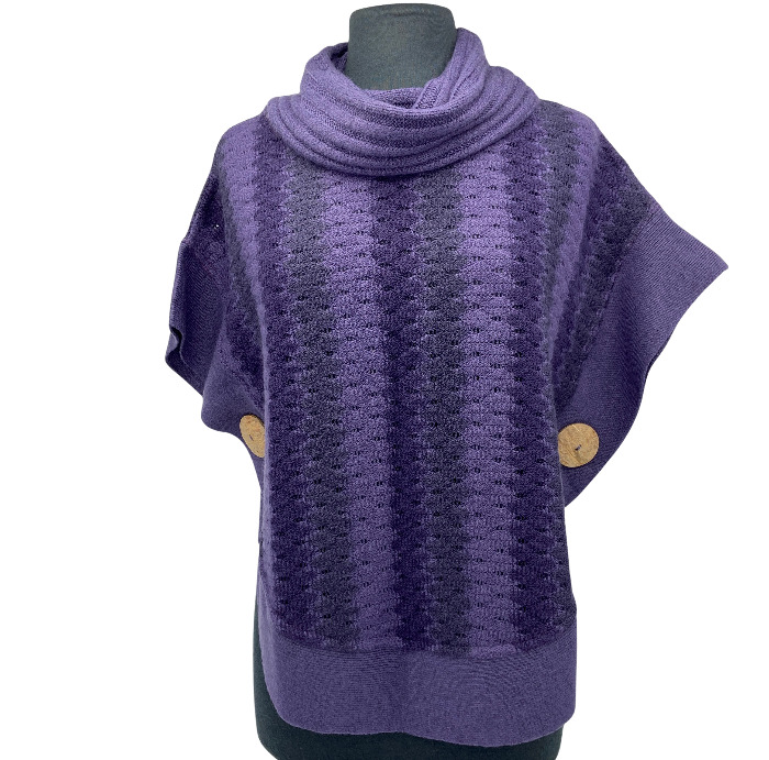 Sweater with vertical stripes of grey, light and dark purple.Coconut buttons adorn either side at waist.