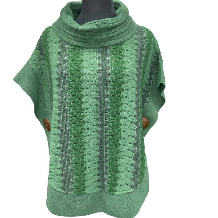 Sweater with vertical stripes of grey, light and dark green.Coconut buttons adorn either side at waist.