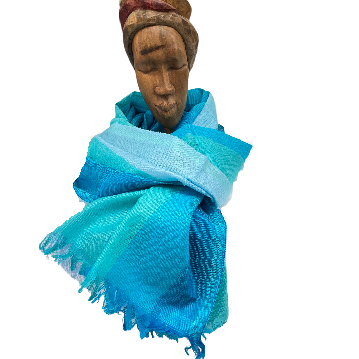 Three pale shades of teal wide striped scarf