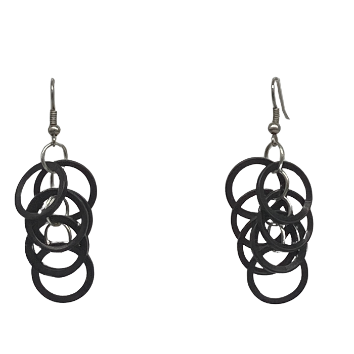 Seven small rings (each the size of a dime), dangling, length approx. 2"-2 1/2"