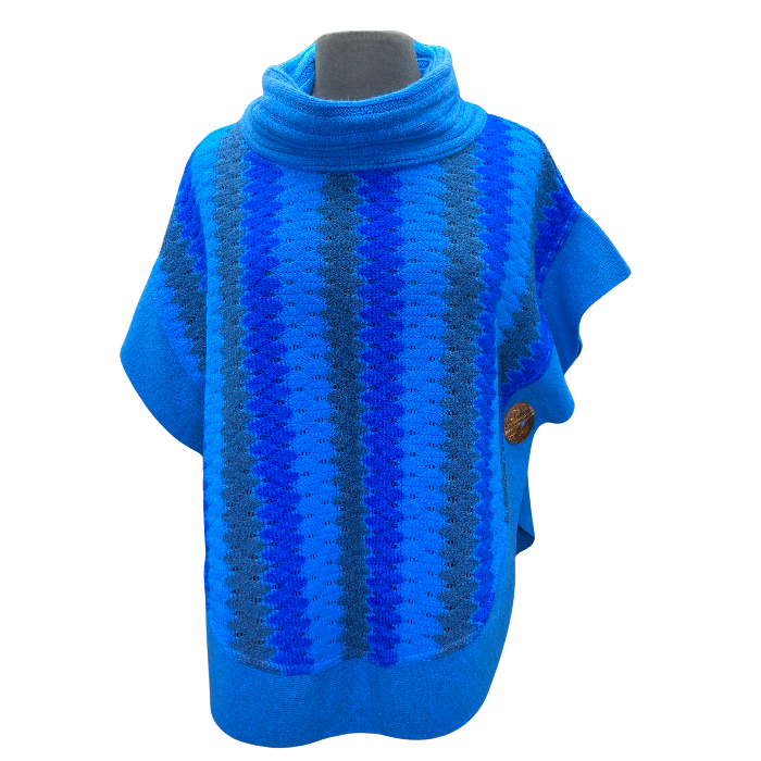 Sweater with vertical stripes of grey, Light and dark bright blue. Coconut buttons adorn either side at waist.