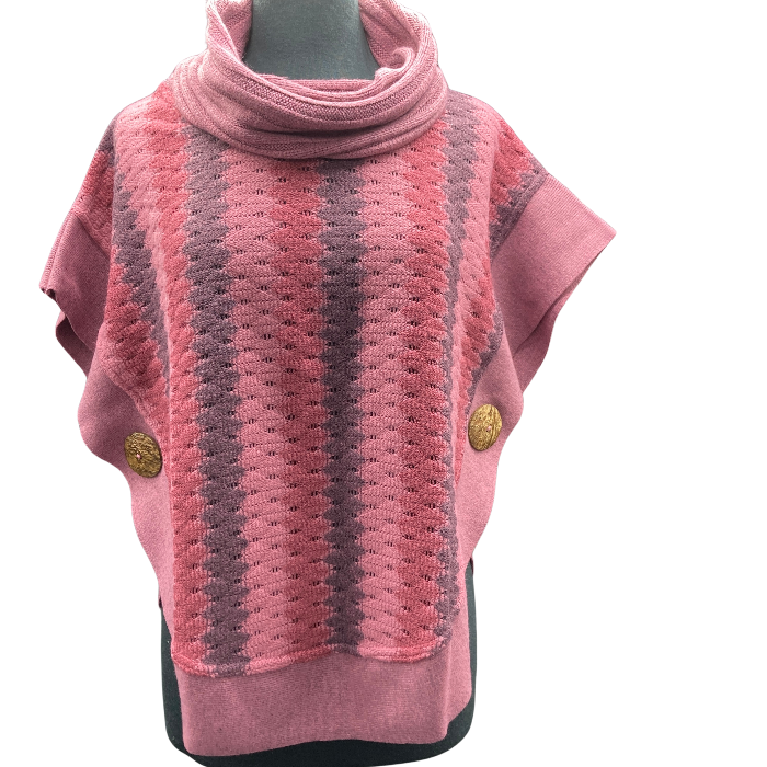 Sweater with vertical stripes of grey, light and dark rose pink.Coconut buttons adorn either side at waist.