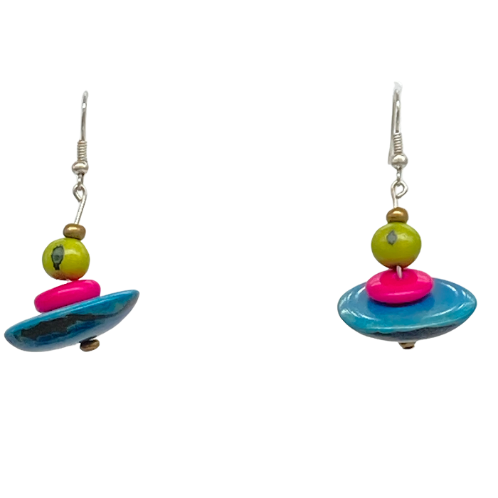 Dangle earring composed of an irregular shaped piece of Tagua nut, a bead of coconut shell, and a tiny bead of acai berry