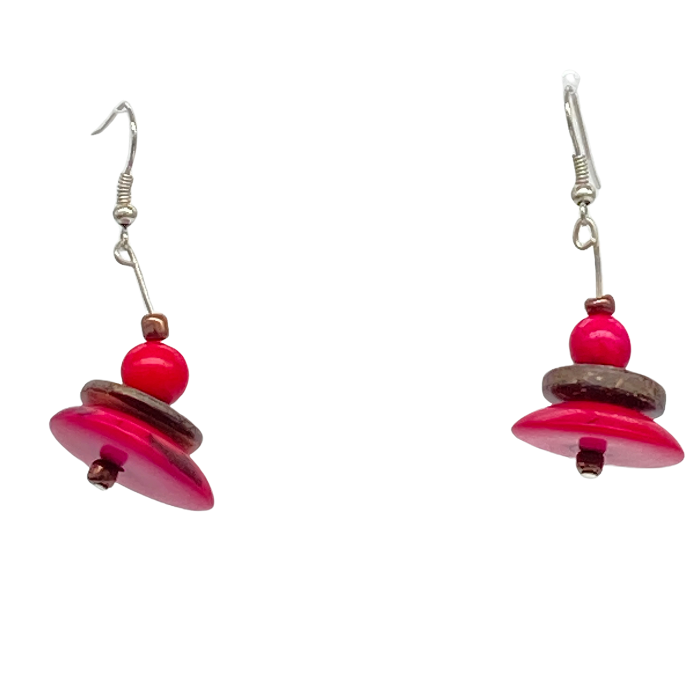 Dangle earring composed of an irregular shaped piece of Tagua nut, a bead of coconut shell, and a tiny bead of acai berry
