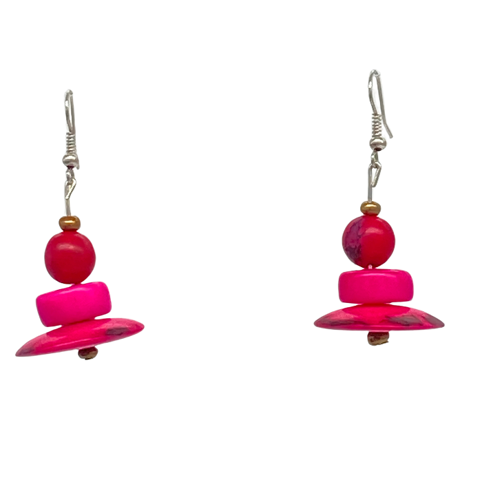 Dangle earring composed of an irregular shaped piece of Tagua nut, a bead of coconut shell, and a tiny bead of acai berry