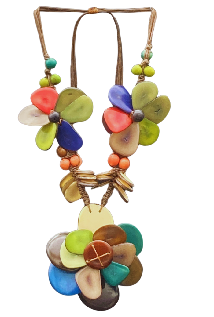 Adjustable necklace made from natural and sustainable tagua nut in multi color.