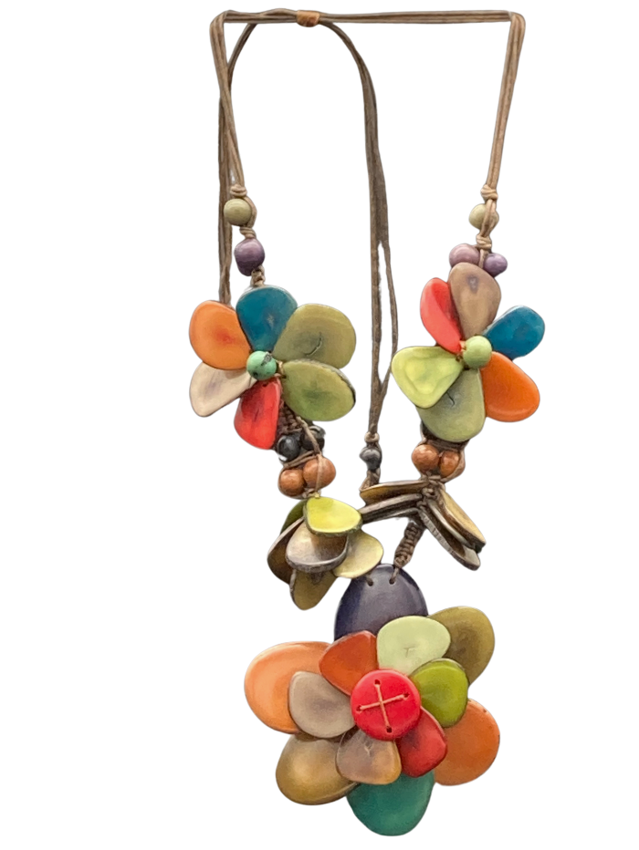 Adjustable necklace made from natural and sustainable tagua nut in multi color.