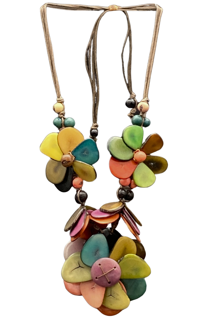 Adjustable necklace made from natural and sustainable tagua nut in multi color.