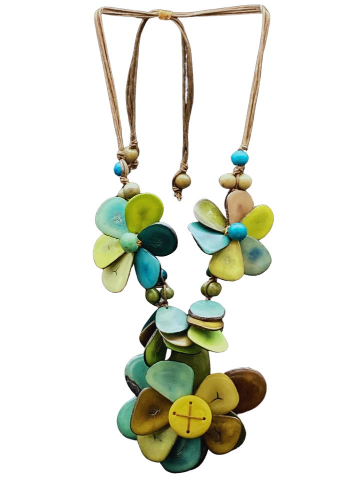 Adjustable necklace made from natural and sustainable tagua nut in multi color.