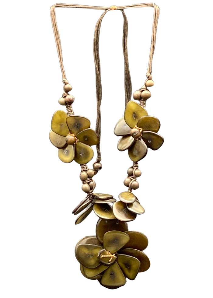 Adjustable necklace made from natural and sustainable tagua nut in  olive green
