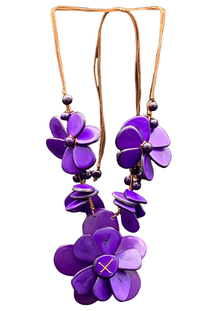 Adjustable necklace made from natural and sustainable tagua nut  in bright purple.