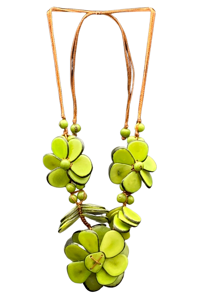Adjustable necklace made from natural and sustainable tagua nut in  citrus green.