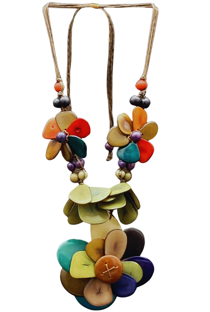 Adjustable necklace made from natural and sustainable tagua nut in multi color.