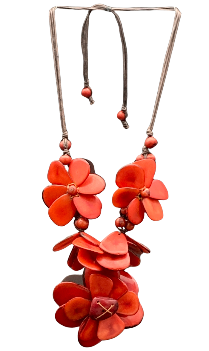 Adjustable necklace made from natural and sustainable tagua nut in bright red.