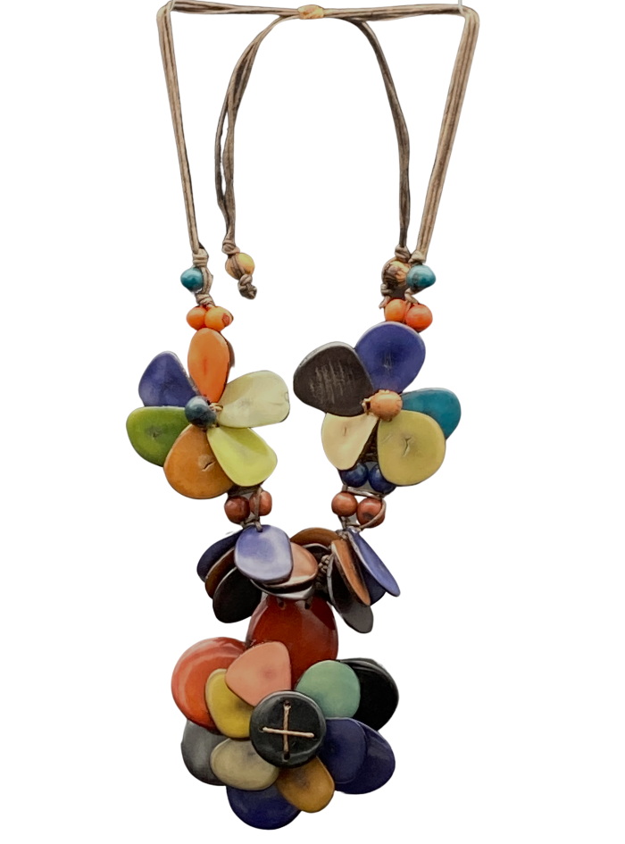 Adjustable necklace made from natural and sustainable tagua nut in multi color.