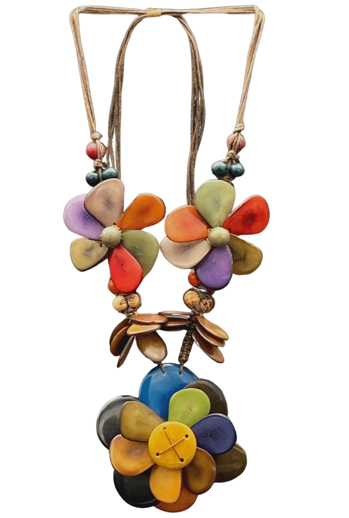 Adjustable necklace made from natural and sustainable tagua nut in multi color.
