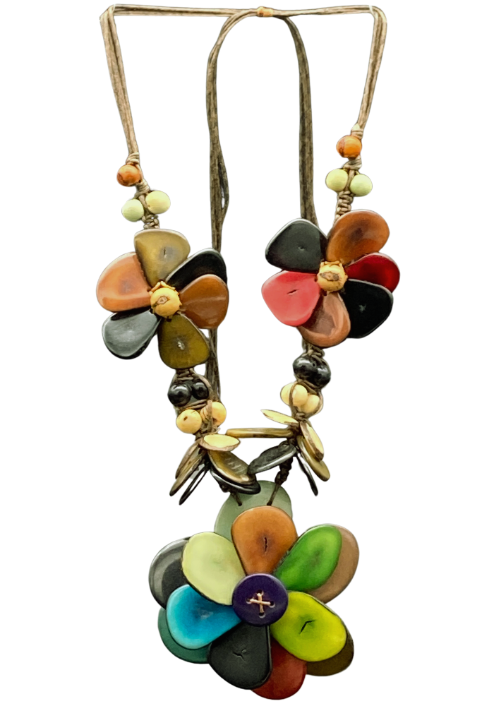 Adjustable necklace made from natural and sustainable tagua nut in multi color.