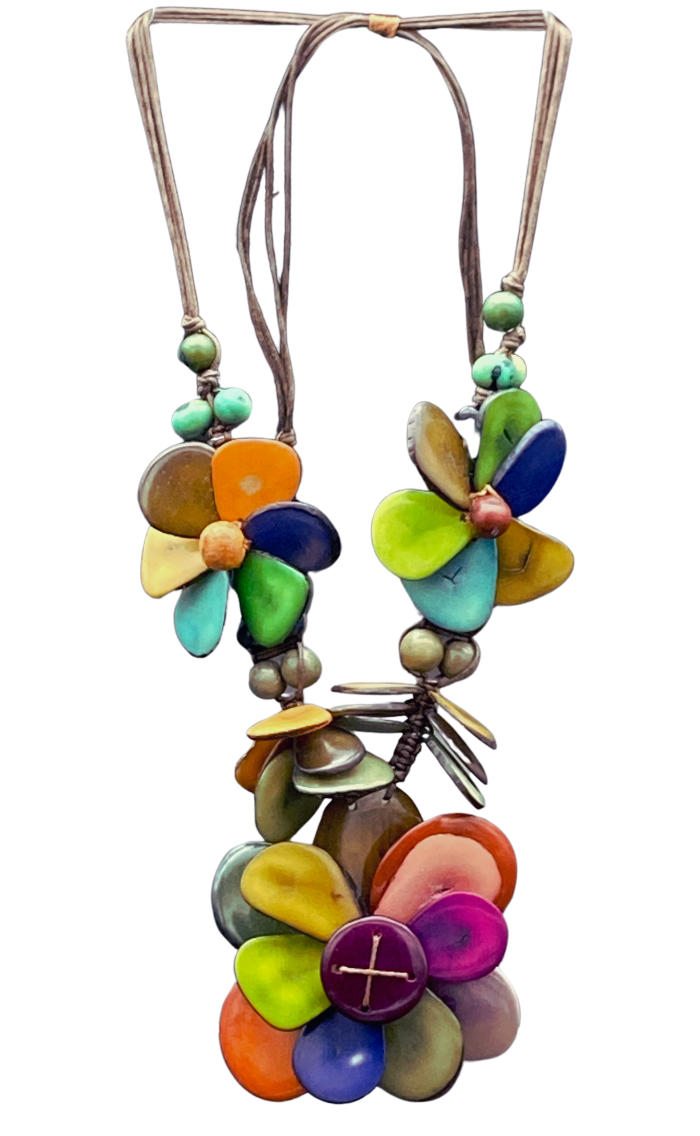 Adjustable necklace made from natural and sustainable tagua nut in multi color.