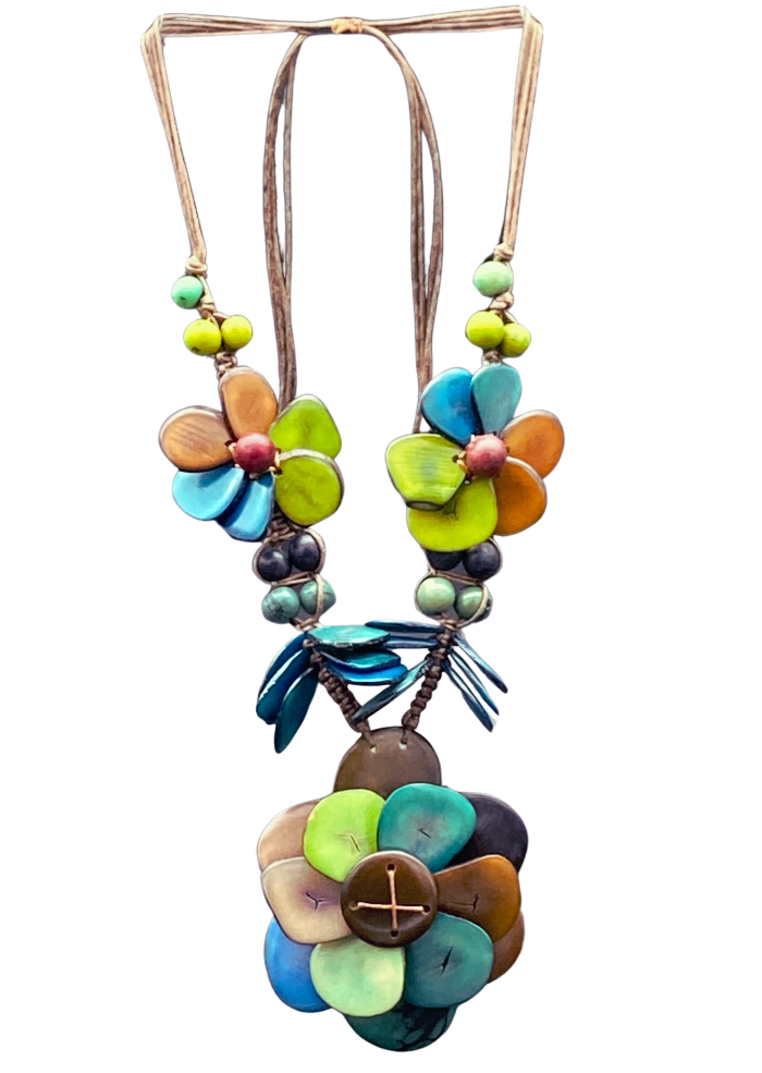 Adjustable necklace made from natural and sustainable tagua nut in multi color.