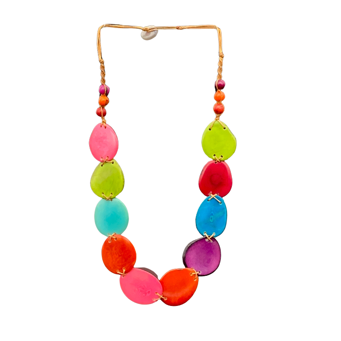 Thin "slices" of Tagua nut in multi color non-adjustable, with button closure. Length 12" approximately.