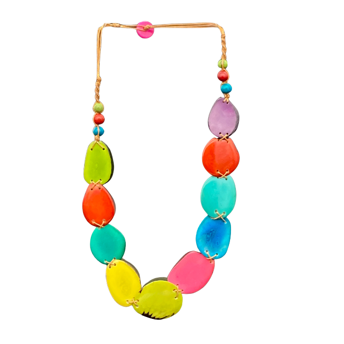 Thin "slices" of Tagua nut in multi color non-adjustable, with button closure. Length 12" approximately.