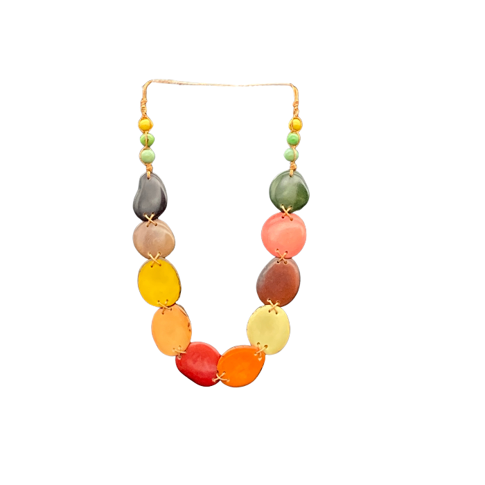 Thin "slices" of Tagua nut in multi color non-adjustable, with button closure. Length 12" approximately.