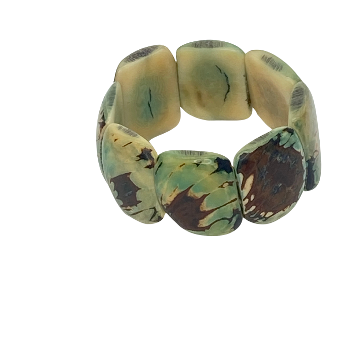 Stretchy bracelet made from Square slices of Tagua nut in 13 different colors