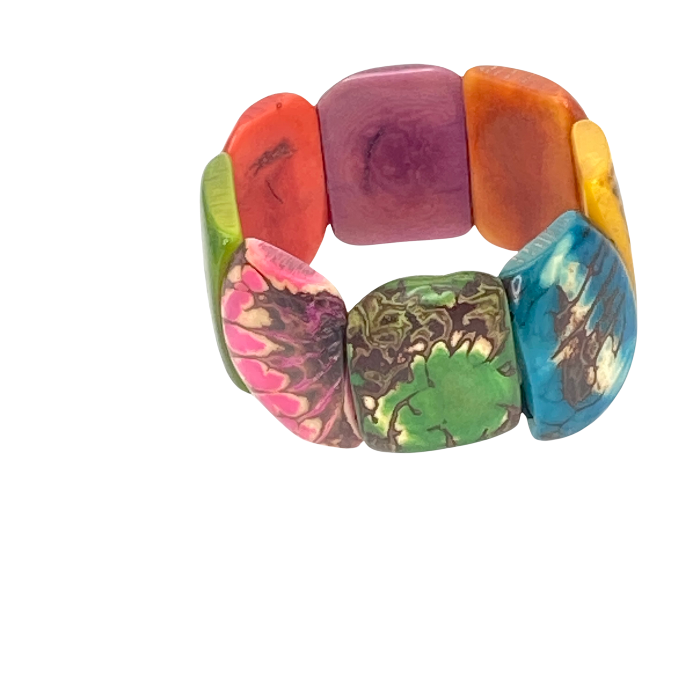 Stretchy bracelet made from Square slices of Tagua nut in 13 different colors