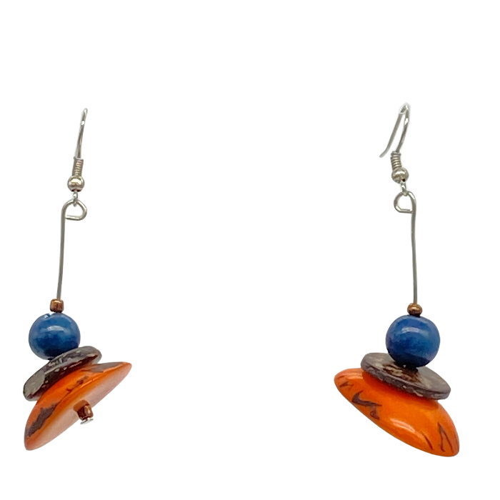 Dangle earring composed of an irregular shaped piece of Tagua nut, a bead of coconut shell, and a tiny bead of acai berry
