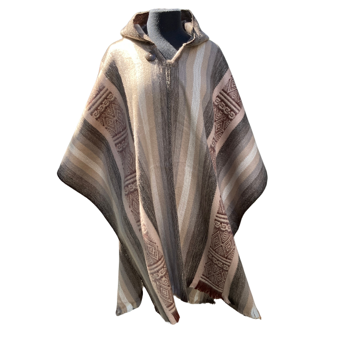 Unisex hooded Alpaca Poncho with coconut button closure at neckline. Color is taupe & white.