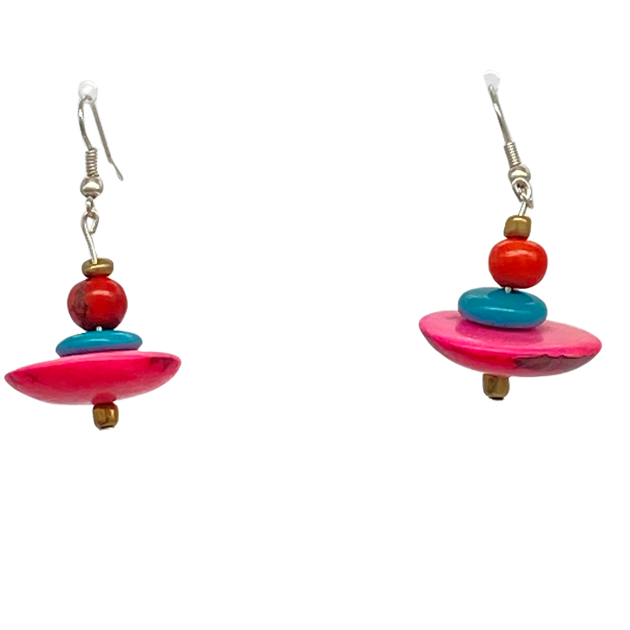 Dangle earring composed of an irregular shaped piece of Tagua nut, a bead of coconut shell, and a tiny bead of acai berry