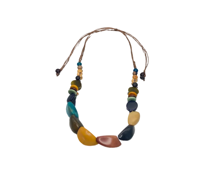 Necklace with colorful beads on a white background