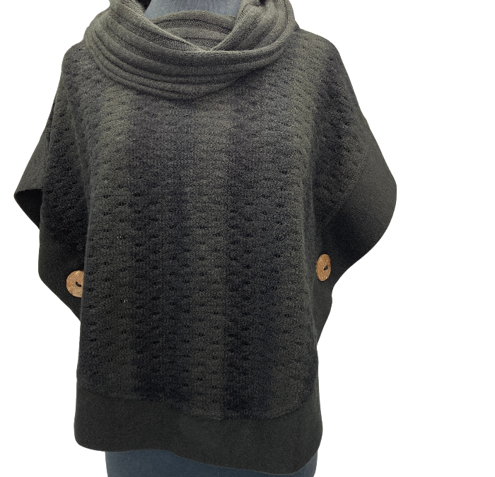 Sweater with vertical stripes of grey, light and dark charcoal.Coconut buttons adorn either side at waist.