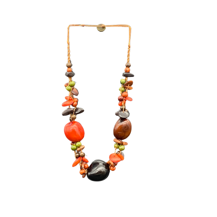 Non-adjustable necklace. Length 12"-13". The Killari necklace features 3 whole tagua nuts surrounded by small chunky pieces of tagua in complimentary colors