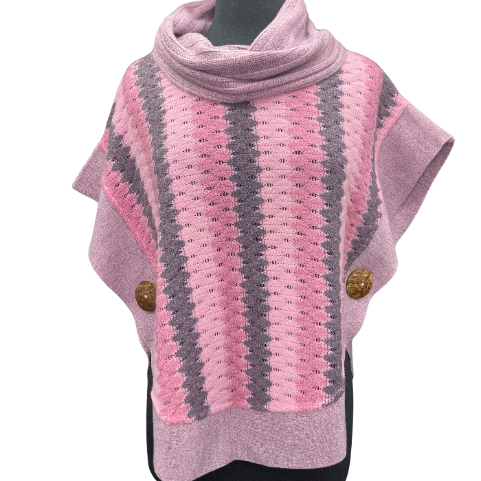 Sweater with vertical stripes of grey, light and dark pink.Coconut buttons adorn either side at waist.
