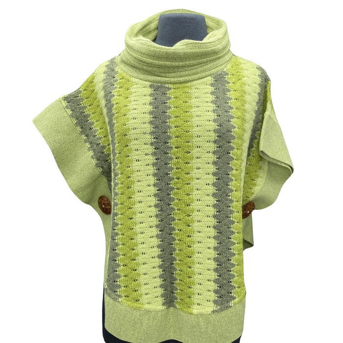 Sweater with vertical stripes of grey, light and dark lime green.Coconut buttons adorn either side at waist.