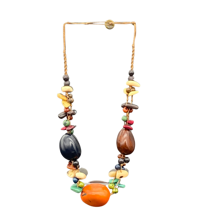 Non-adjustable necklace. Length 12"-13". The Killari necklace features 3 whole tagua nuts surrounded by small chunky pieces of tagua in complimentary colors