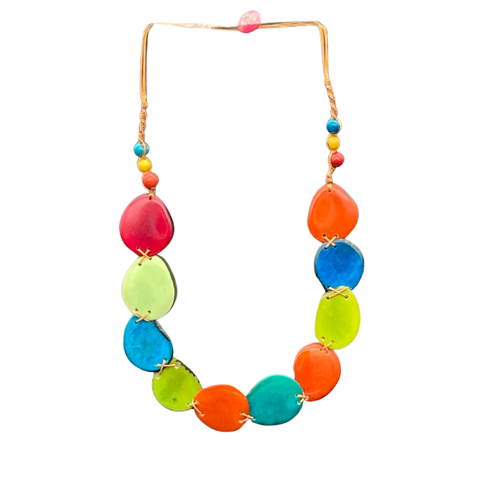 Thin "slices" of Tagua nut in multi color non-adjustable, with button closure. Length 12" approximately.