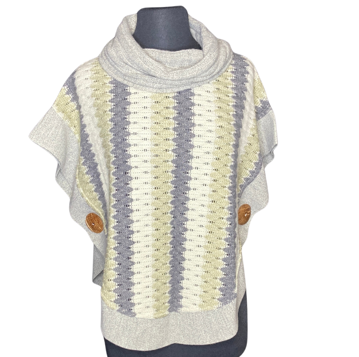 Sweater with vertical stripes of grey, cream and khaki.Coconut buttons adorn either side at waist.