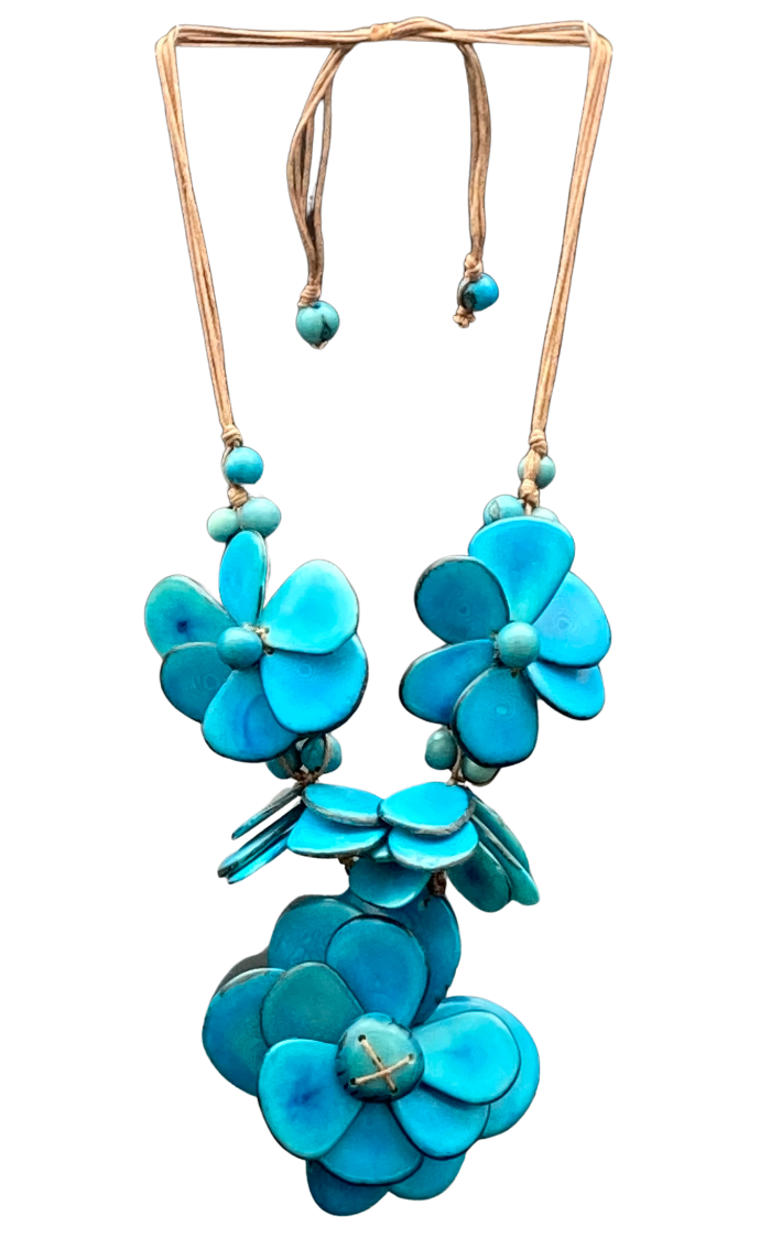 Adjustable necklace made from natural and sustainable tagua nut in  turquoise.