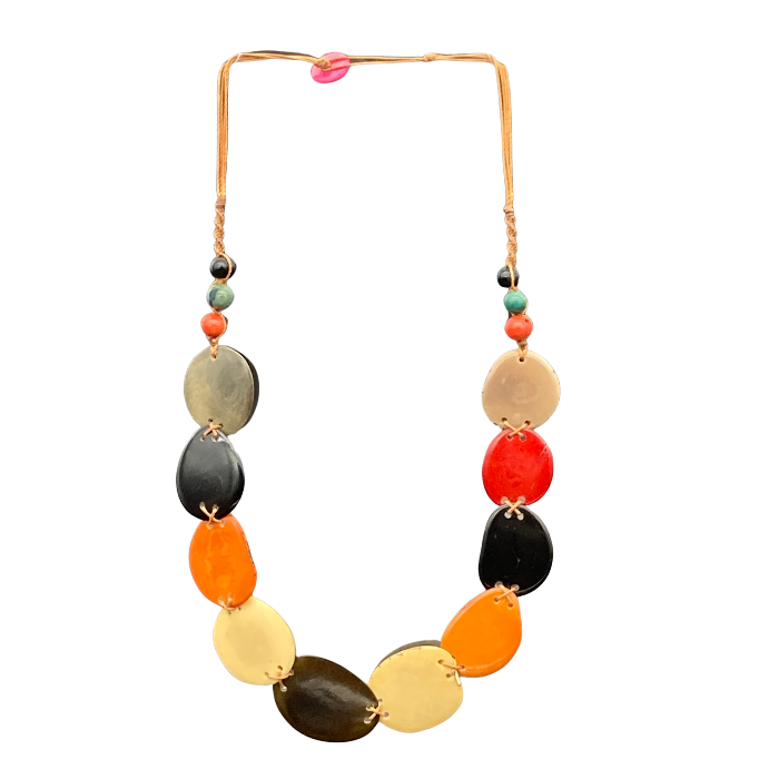 Thin "slices" of Tagua nut in multi color non-adjustable, with button closure. Length 12" approximately.